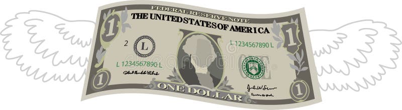 Nota de 1 dólar deformada com penas ilustração do vetor