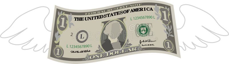 Nota de 1 dólar deformada com penas ilustração do vetor