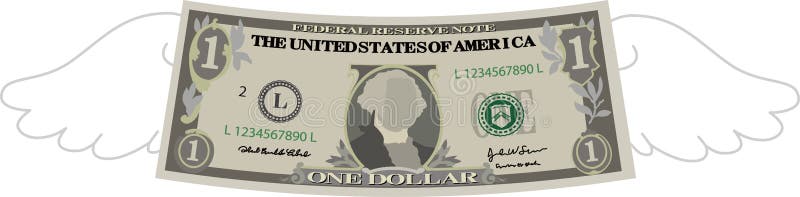 Nota de 1 dólar deformada com penas ilustração do vetor