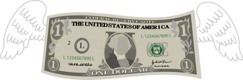 Nota de 1 dólar deformada com penas ilustração do vetor