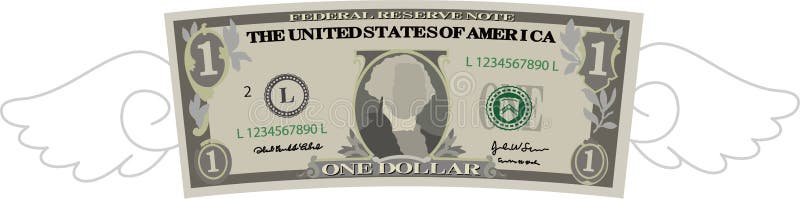 Nota de 1 dólar deformada com penas ilustração do vetor