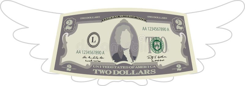 Nota de 2 dólares deformada com penas ilustração do vetor