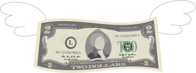 Nota de 2 dólares deformada com penas ilustração do vetor