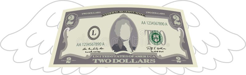 Nota de 2 dólares deformada com penas ilustração royalty free
