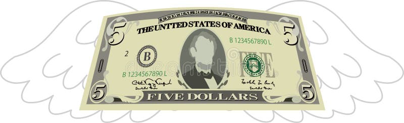 Nota de 5 dólares deformada com penas ilustração stock