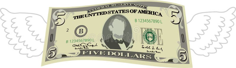 Nota de 5 dólares deformada com penas ilustração do vetor