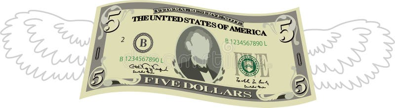 Nota de 5 dólares deformada com penas ilustração royalty free