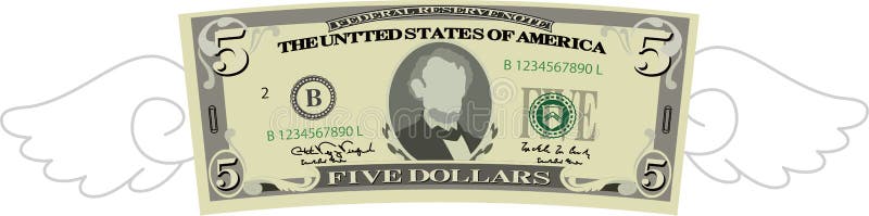 Nota de 5 dólares deformada com penas ilustração royalty free