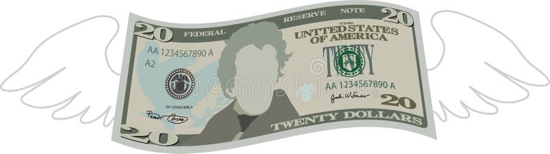 Nota de 20 dólares com penas e deformada ilustração stock