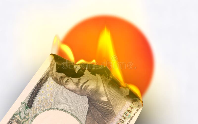 A burning 10000 Yen banknote in front of the Japan flag. A burning 10000 Yen banknote in front of the Japan flag.