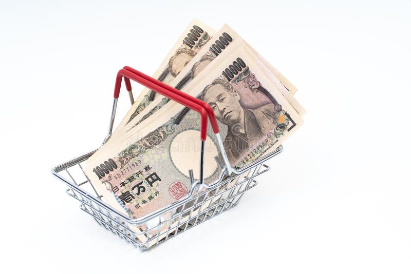 Japanese 10000 Yen banknote in shopping basket. Japanese 10000 Yen banknote in shopping basket