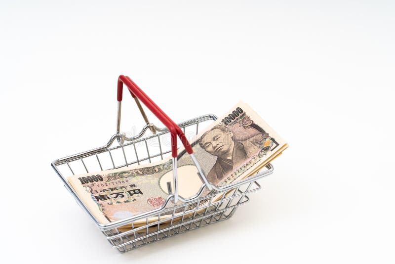 Japanese 10000 Yen banknote in shopping basket. Japanese 10000 Yen banknote in shopping basket