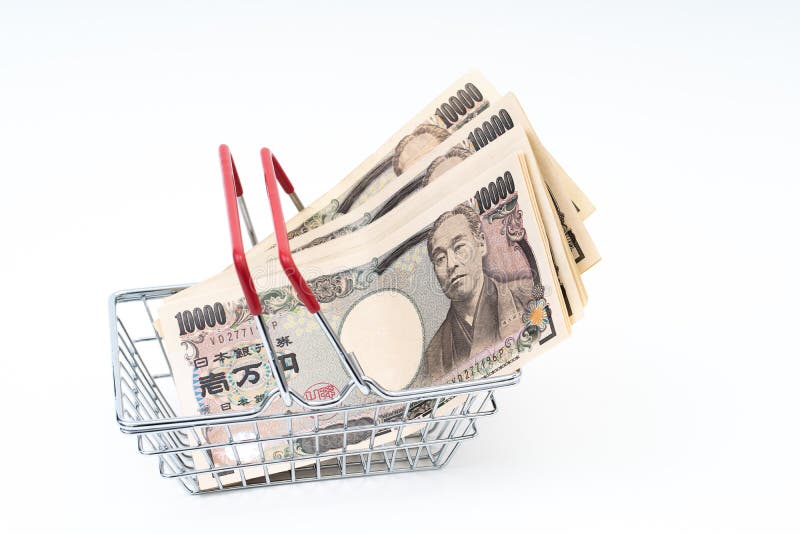 Japanese 10000 Yen banknote in shopping basket. Japanese 10000 Yen banknote in shopping basket