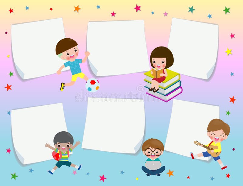 Notadocument met leuk jonge geitjesonderwijs, schooljonge geitjes of terug naar school, Malplaatje voor reclamefolder met uw teks royalty-vrije illustratie Notadocument met leuk jonge geitjesonderwijs, schooljonge geitjes of terug naar school, Malplaatje voor reclamefolder met uw teks royalty-vrije illustratie