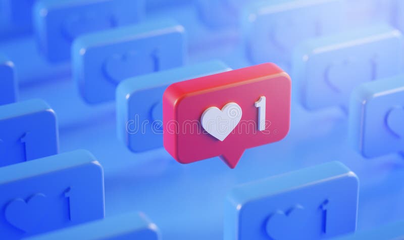 Notar el concepto de icono de notificación de amor en la fila 3d representando fondo azul libre illustration