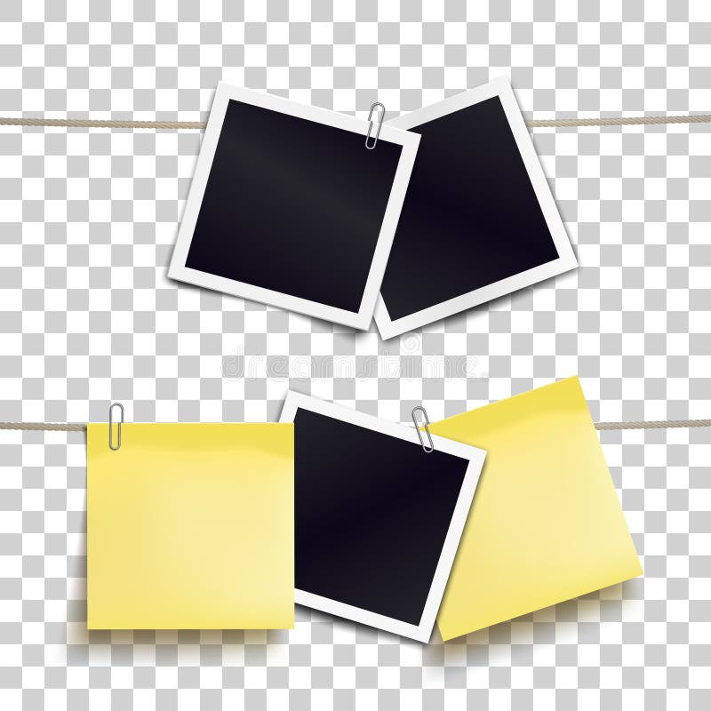 Notas adhesivas amarillas y marcos de fotos adheridos a clips de papel metálico en cintas Plantilla para el diseño Vector