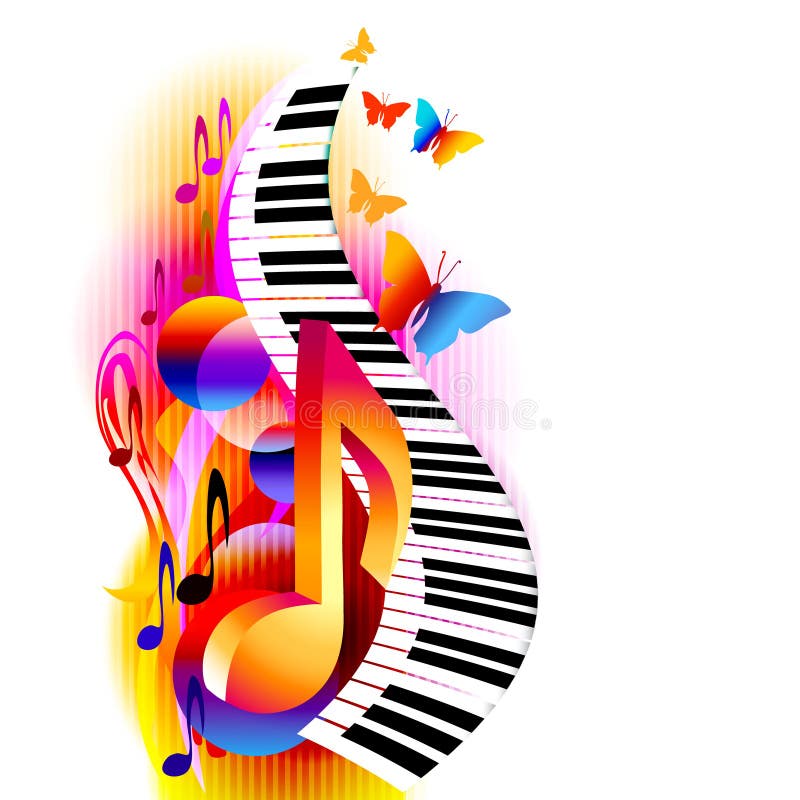 Notas coloridas da música 3d com teclado e borboleta de piano