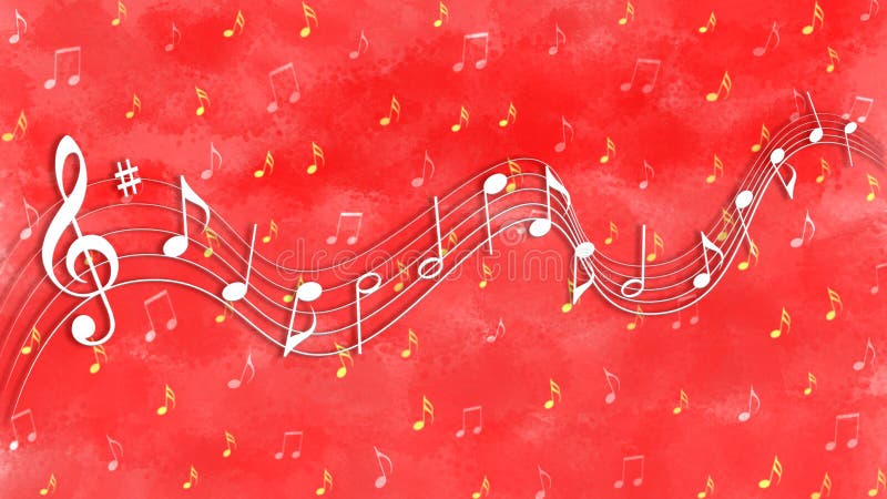 Illustration of white music notes flowing on curved stave in red background with grunge watercolor texture for banner, backdrop, brochure template or poster. Illustration of white music notes flowing on curved stave in red background with grunge watercolor texture for banner, backdrop, brochure template or poster.