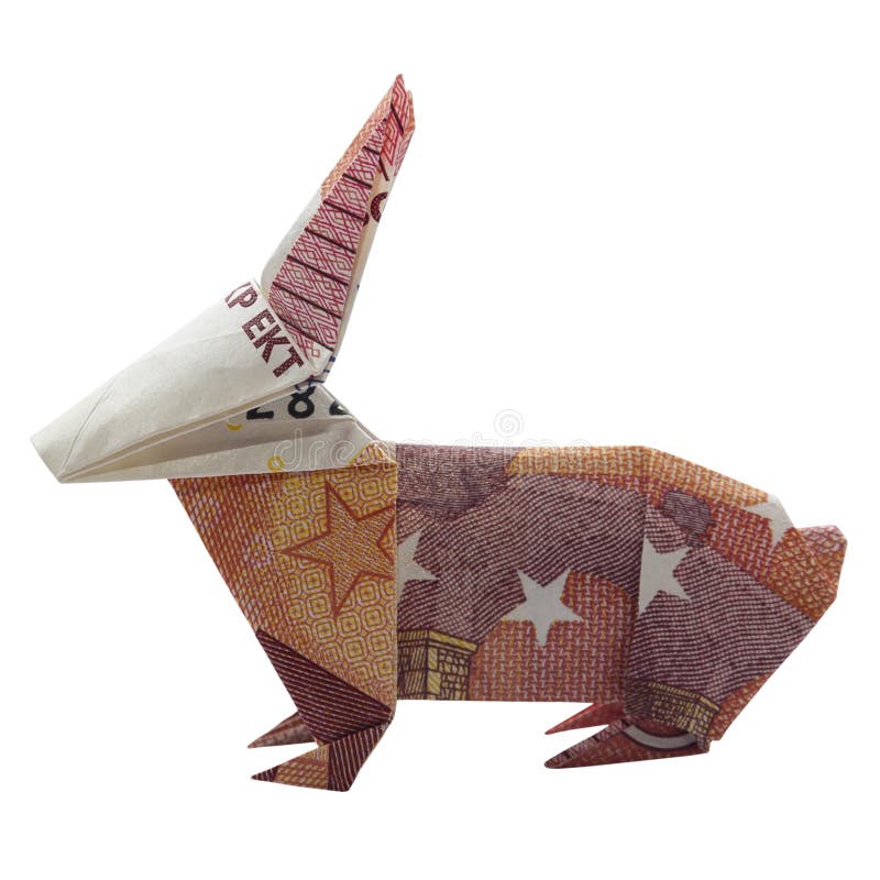 Note animale de l'euro 10 de Pâques de LAPIN rouge d'origami d'argent vraie d'isolement sur le fond blanc image libre de droits Note animale de l'euro 10 de Pâques de LAPIN rouge d'origami d'argent vraie d'isolement sur le fond blanc image libre de droits