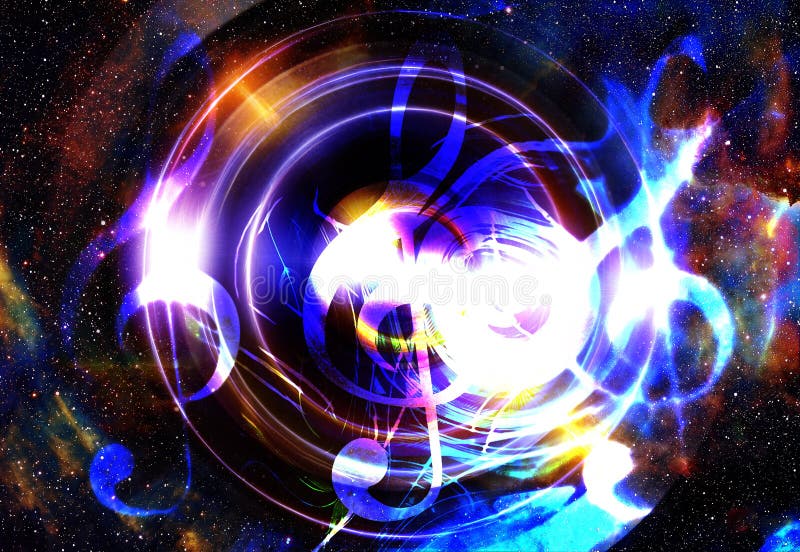 Note e chiave di musica nello spazio con le stelle Priorità bassa astratta di colore Concetto di musica royalty illustrazione gratis Note e chiave di musica nello spazio con le stelle Priorità bassa astratta di colore Concetto di musica royalty illustrazione gratis
