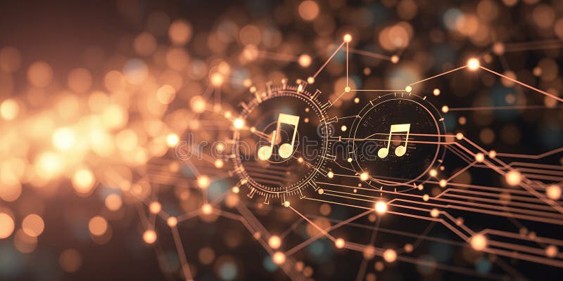 Note musicali digitali su una rete luminosa illustrazione vettoriale