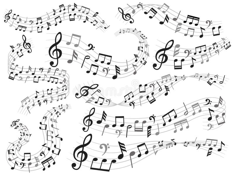 Note musicali Turbinio della nota di musica, modello di melodia ed onde sonore con l'insieme dell'illustrazione di vettore delle royalty illustrazione gratis Note musicali Turbinio della nota di musica, modello di melodia ed onde sonore con l'insieme dell'illustrazione di vettore delle royalty illustrazione gratis