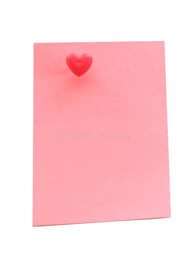 Pink note paper with heart pushpin on white background