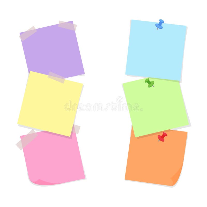 Note papers attached with adhesive tape and push pins. Flat vector illustration of colorful notepapers in two vertical lines with copy space. Empty sheets of stock illustration Note papers attached with adhesive tape and push pins. Flat vector illustration of colorful notepapers in two vertical lines with copy space. Empty sheets of stock illustration