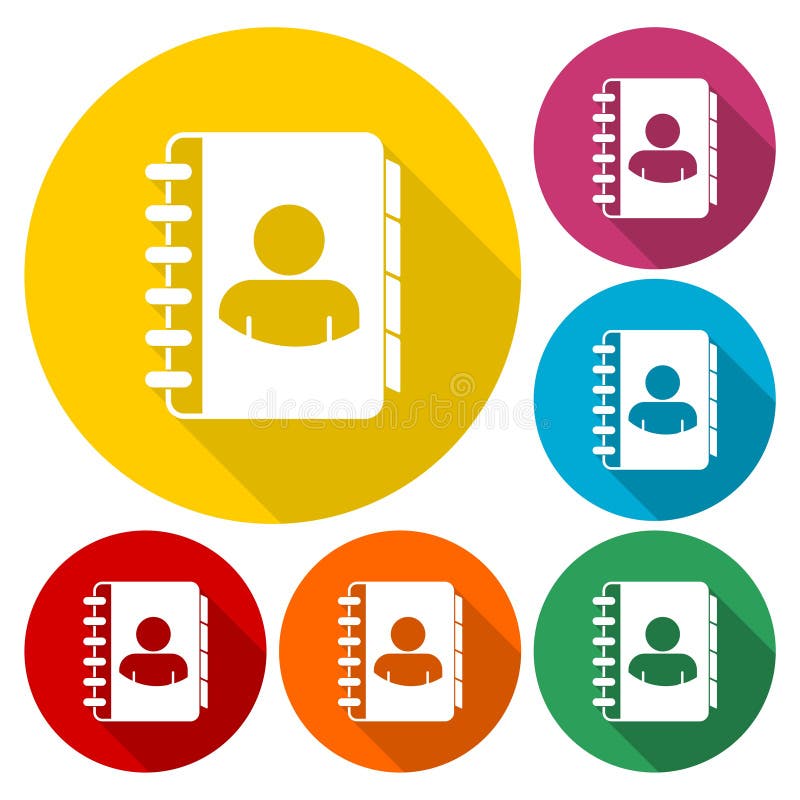 Notebook, address, phone book icons set with long shadow vector illustration