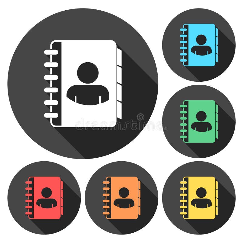 Notebook, address, phone book icons set with long shadow stock illustration