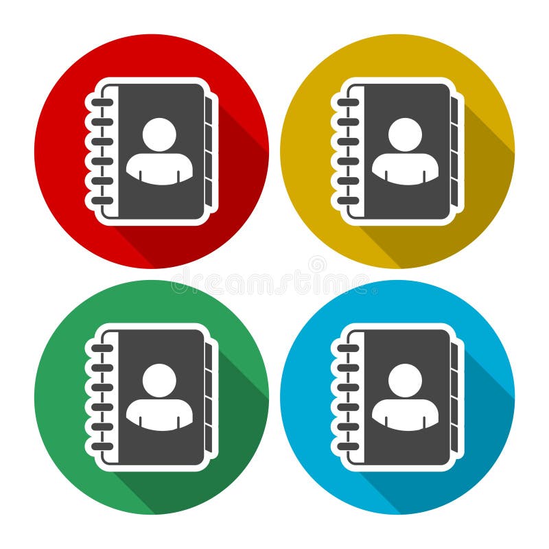 Notebook, address, phone book icons set with long shadow stock illustration