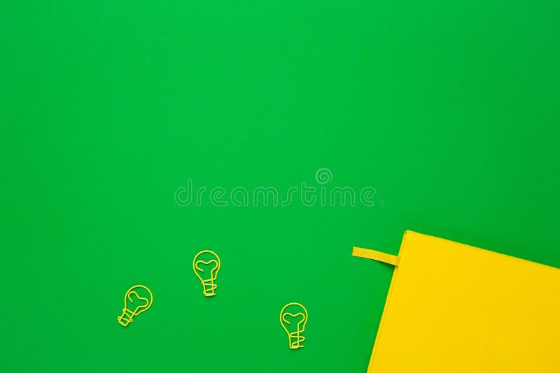 Notebook with Blank Pages and Paperclip Light Bulb Idea on Green Background.  Summer Colour Flatlay Stock Photo - Image of high, blank: 146375626