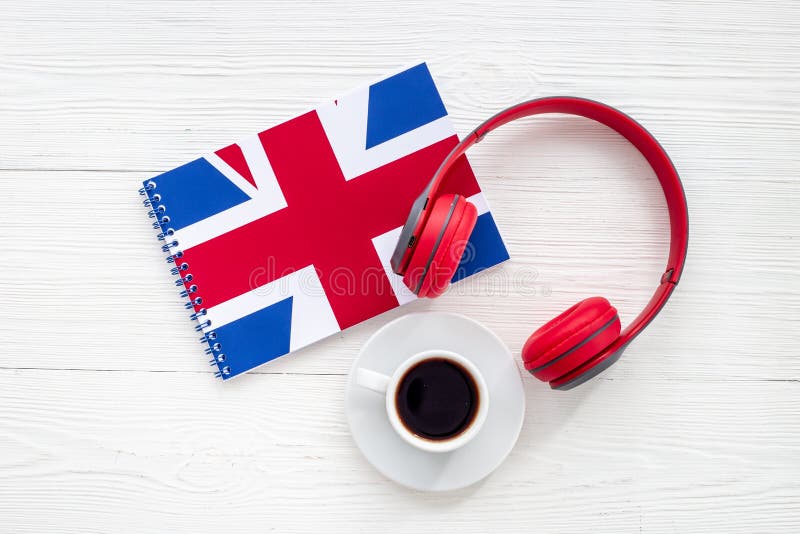 Notebook with British Flag and Headphones. English Lessons Concept