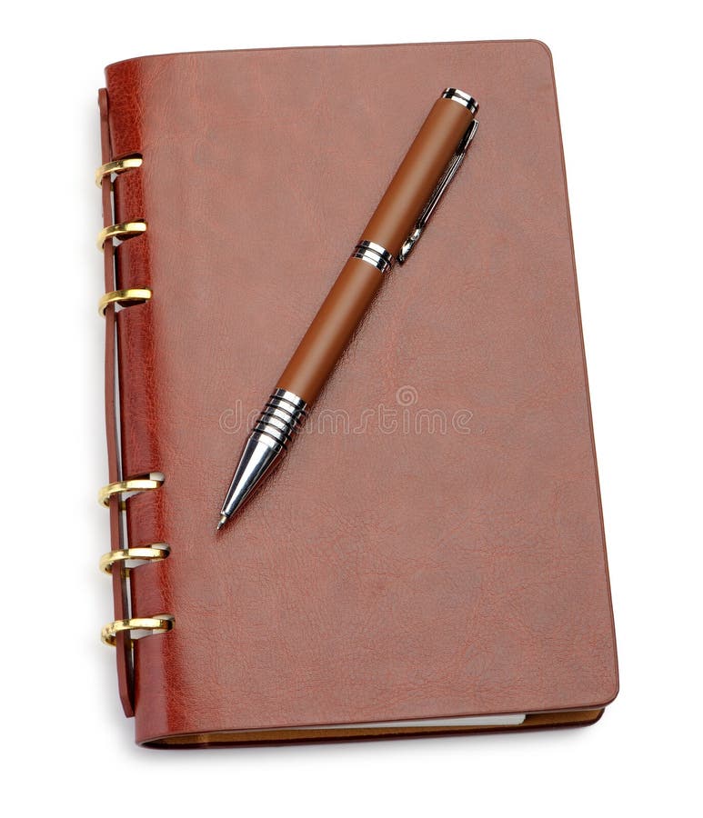 Notebook in a brown leather cover and stylish pen