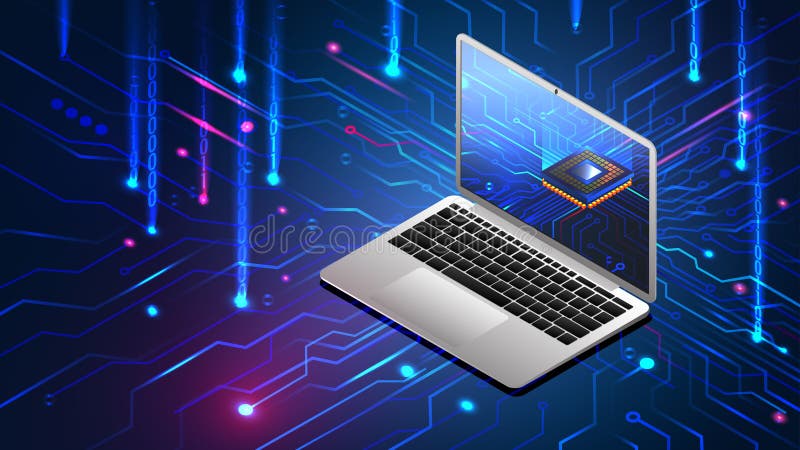 Notebook computer, binary code. CPU components Vector isometric background. Polygon binary code vectors