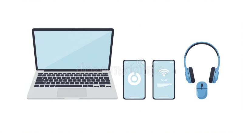 Notebook con un corpo argento e una tastiera nera accanto a due smartphone moderni royalty illustrazione gratis
