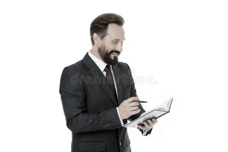 Notebook concept. Businessman make notes in notebook. Man write business strategy in notebook. Working with notebook stock photo