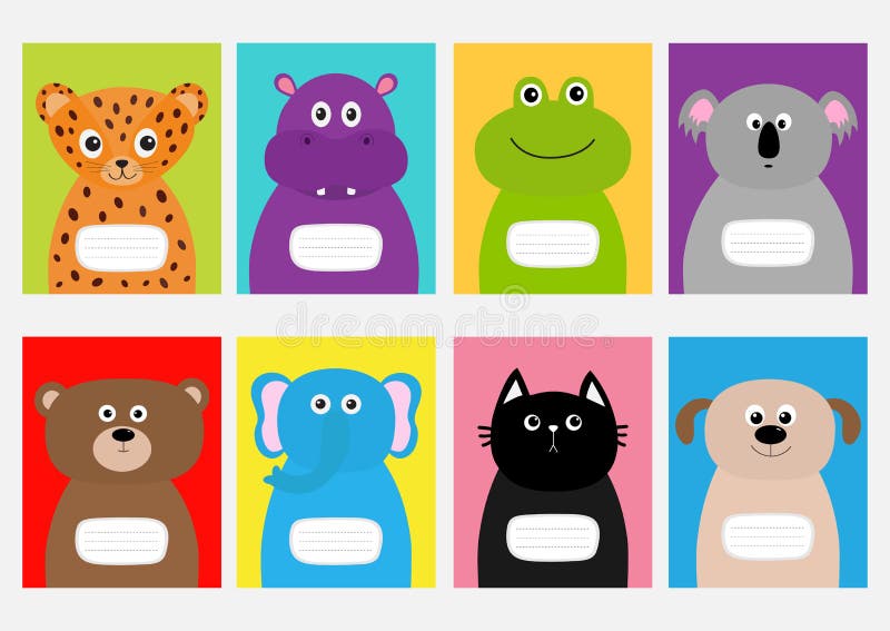 Notebook cover Cat, dog, jaguar, hippopotamus, elephant, bear, frog, koala. Zoo animal face Cute cartoon character set Baby childr