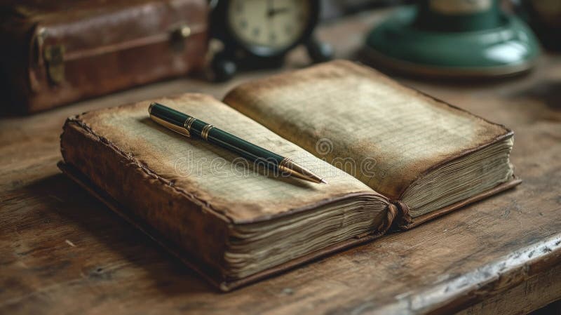 Notebook gol deschis pe birou din lemn lângă fereastră, cu stilou și ceas de epocă stock image