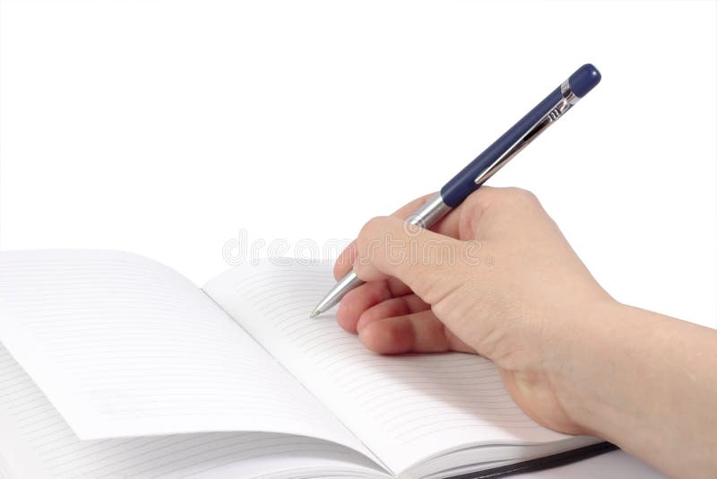 Notebook with a hand holding a pen