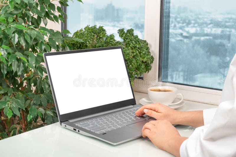 Notebook laptop mockup image. blank screen white background for advertising text, hand woman using laptop contact business search royalty free stock photos