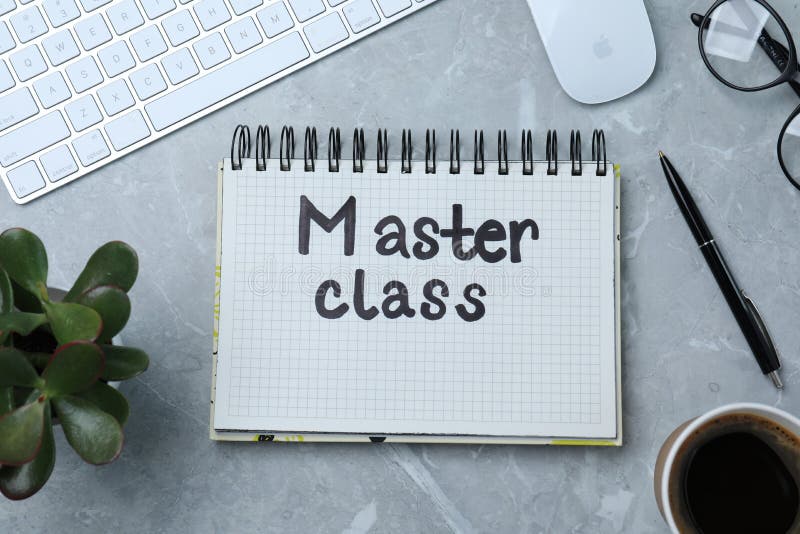 Notebook mit geschriebenen Wörtern Masterclass Computertastatur und Maus auf grauem Stein Tisch flach legen vektor abbildung