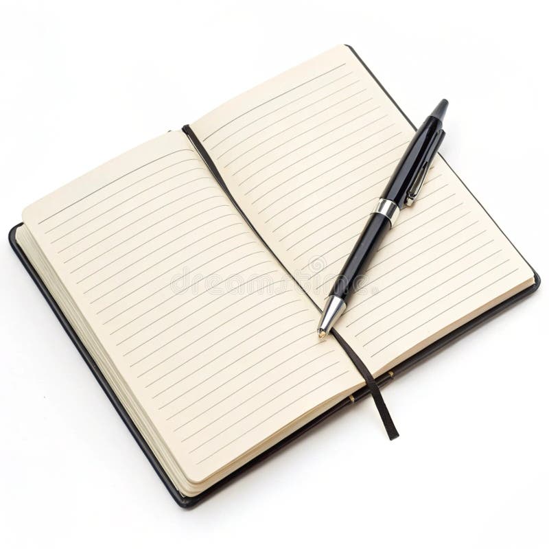Notebook mit Pen isoliert auf weißem Hintergrund. Ein Notebook mit einem Schreibstift auf weißem Hintergrund, ideal für Bürobedarf und Produktivitätsthemen
