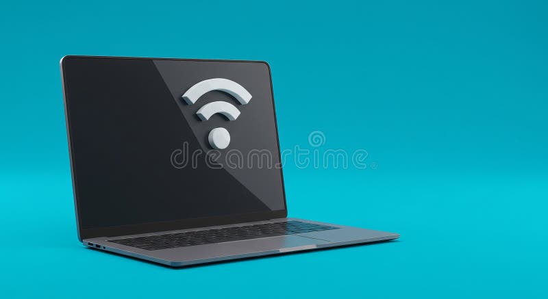 Notebook mit WiFi-Symbol auf dem Bildschirm vor lebendigem blauen Hintergrund stockfoto