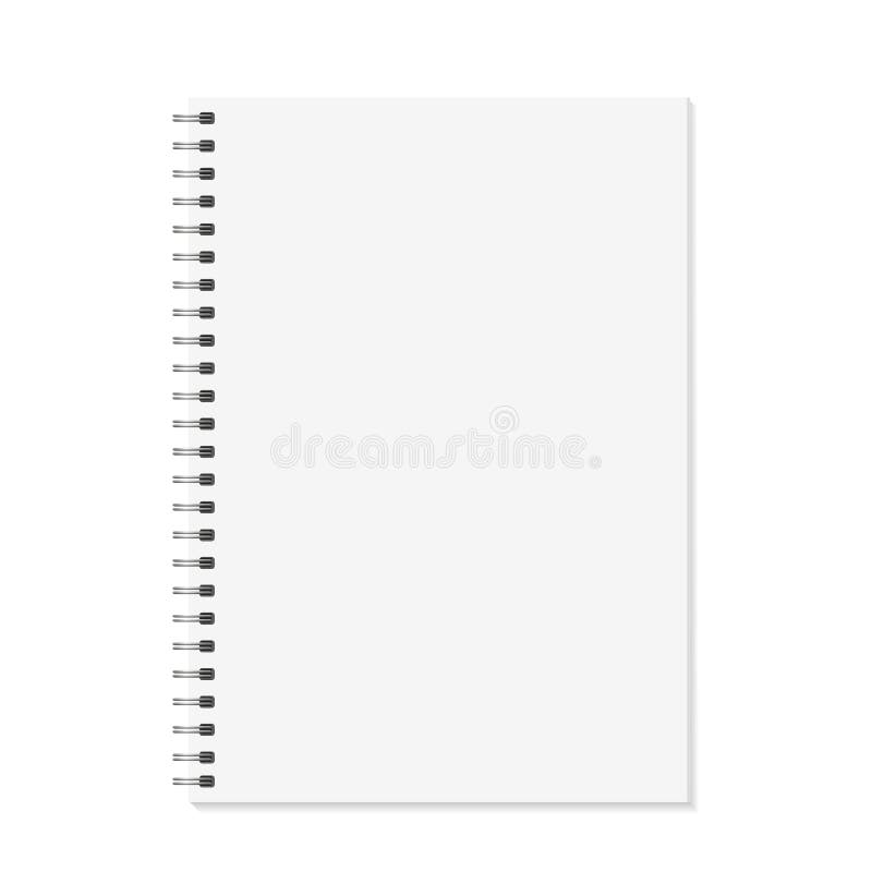 Notebook mock up. Open book with metal spiral template. Isolated on white background. A4 bound pages. Vector stock illustration