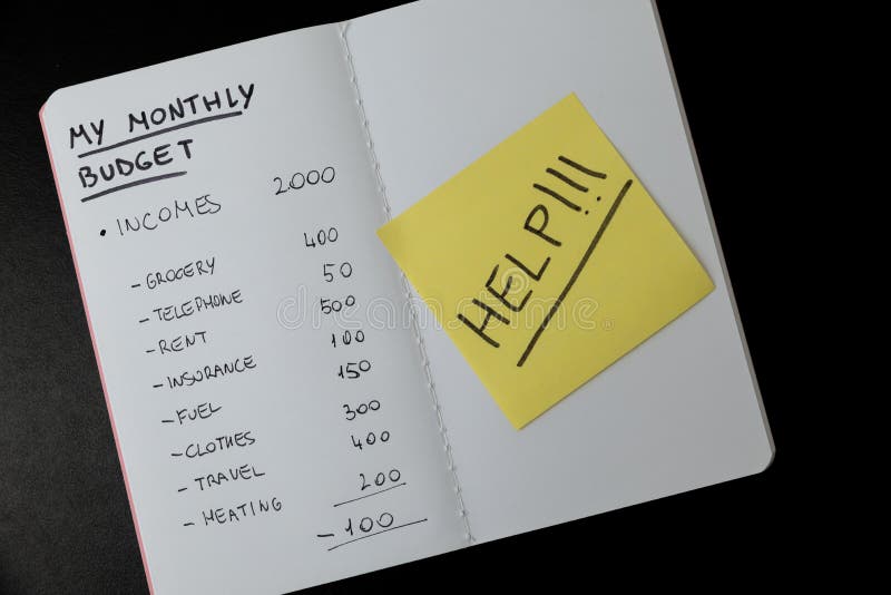 Notebook, with monthly budget, and card with `help` text. royalty free stock photography