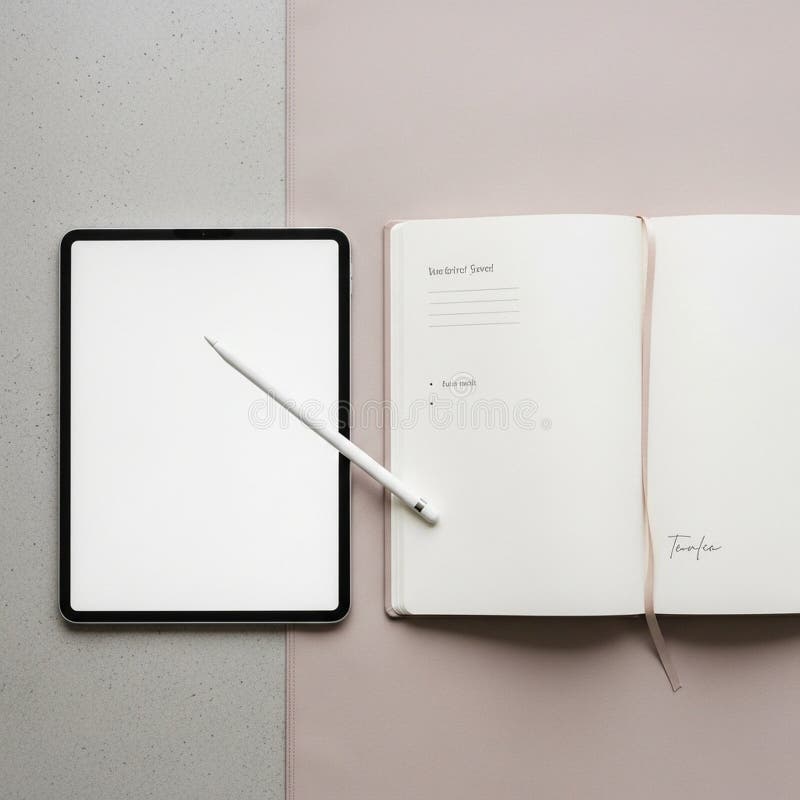 The notebook is open with minimal writing displaying a ribbon bookmark royalty free illustration