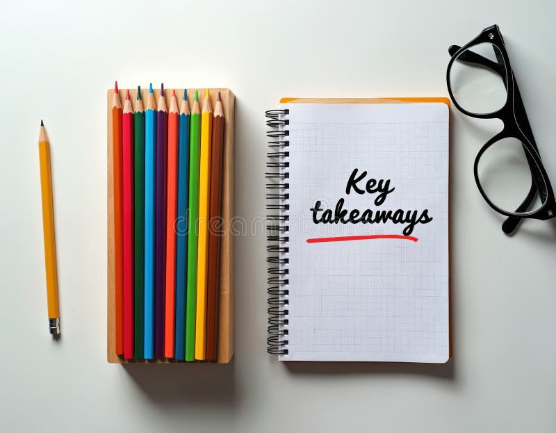 Notebook page with text Key takeaways. Next to it are colored pencils and glasses. Focus is on learning and essential points, for study or work projects. Memorandum understanding illustrations