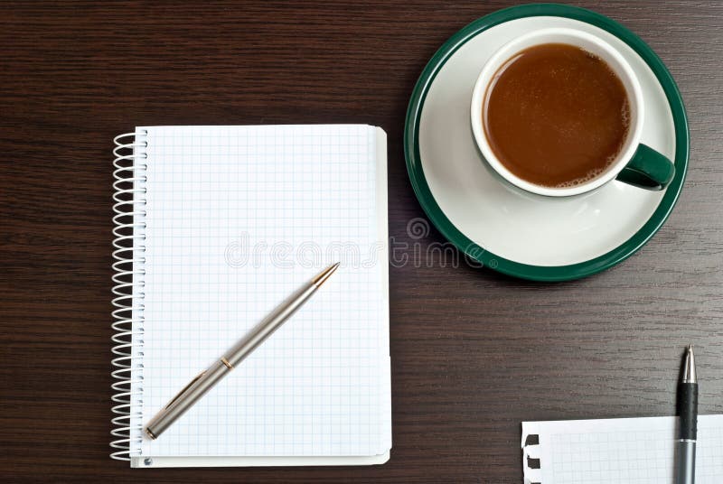 Notebook, pen & coffee