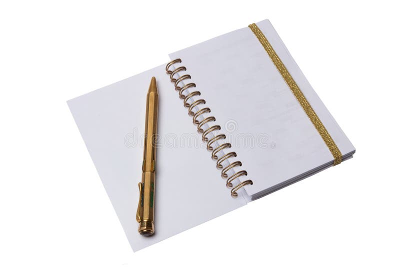 Notebook and pen. A open notebook with blank pages and an antique golden color pen isolated on a white background. stock photos Notebook and pen. A open notebook with blank pages and an antique golden color pen isolated on a white background. stock photos